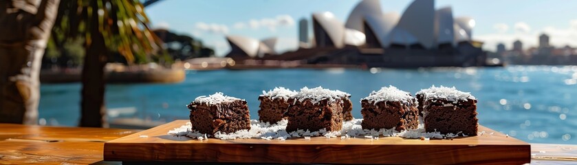 Australian lamingtons, sponge cake squares coated in chocolate and coconut, served on a wooden...