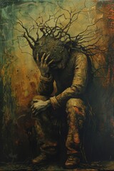 Painting of a figure with a tree-like crown sitting desolately, surrounded by an abstract, earth-toned backdrop