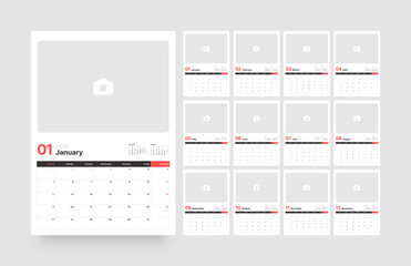 Monthly calendar template for 2025 year. Wall or desk calendar in a minimalist style. With a place for photos. Diary planner for 2025 year. Week Starts on Sunday. 