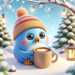 cute bird winter drinking coffee cartoon , 3d gENERATIVE ai