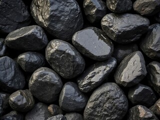 Black shiny wet stones pebbles background. Close-up charcoal rocks photo wallpaper. Dark granite boulders header backdrop concept.