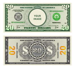 Vector highly detailed fictional beautiful 20 US dollar banknote. Obverse and reverse of American bill with guilloche patterns. Empty circle in center. Sample, your image. Twenty dollars.