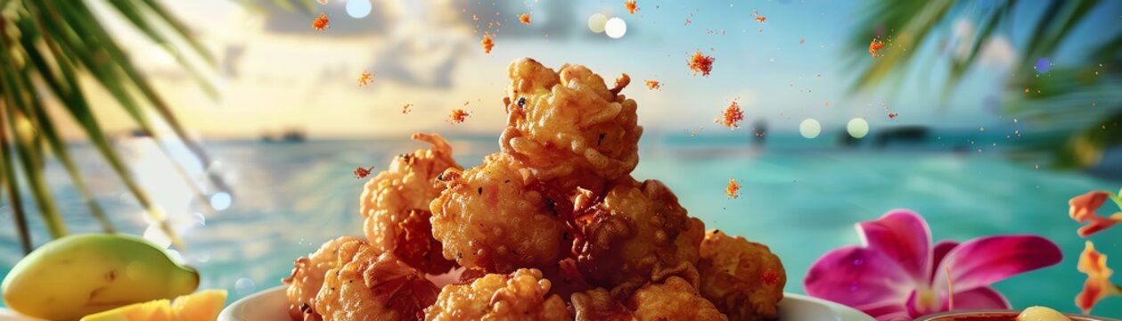 Caribbean fried conch fritters, served with a spicy dipping sauce, on a vibrant beachside table with tropical fruits and flowers