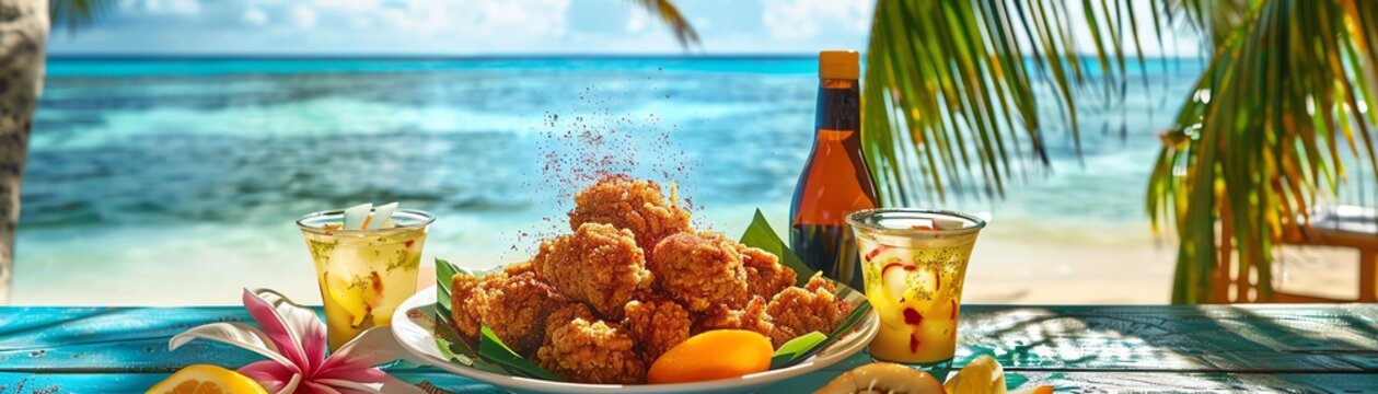 Caribbean fried conch fritters, served with a spicy dipping sauce, on a vibrant beachside table with tropical fruits and flowers