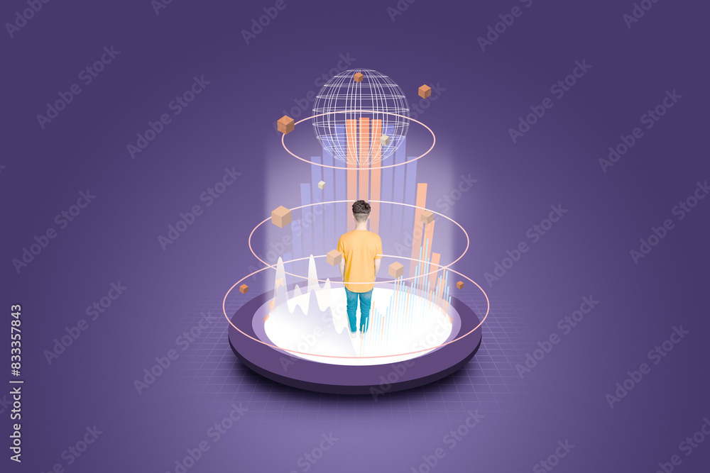Poster banner collage image artwork of young man surrounded modern tech database isolated on creative backg