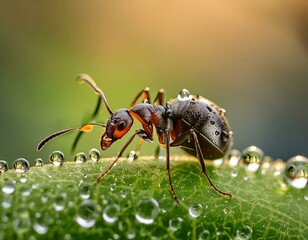 Une image détaillée et vibrante d’une fourmi, sur une feuille