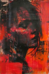 Intense abstract portrait, face obscured by dark and red strokes. Dramatic and intense portrait of face obscured by dark and fiery abstract strokes, evoking sense of turmoil and emotion