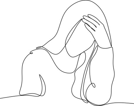 recommend clip art: Continuous line drawings of a young woman feeling sad, tired and worried about mental health depression. problems, failures and broken heart concepts isolated on white background. 