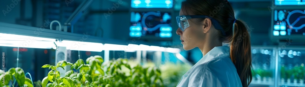 Poster futuristic soil testing station in hydroponic farm with researchers analyzing data on holographic sc