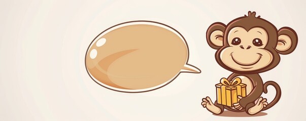 A whimsical monkey with a friendly and gentle demeanor, making joyful faces and holding a gift, is depicted in a simple flat color line style, reminiscent of a storybook character