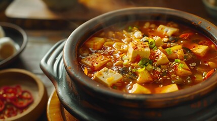 Doenjang jjigae, soybean paste stew with tofu and vegetables, served in a clay pot with a traditional Korean home setting