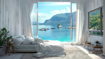 Luxurious and bright bedroom overlooking the blue sea