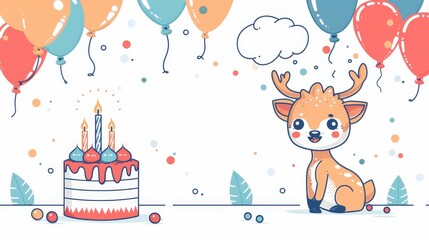 Whimsical deer with a friendly and gentle demeanor, making joyful faces and holding a birthday cake, depicted in a simple flat color line style reminiscent of a storybook character