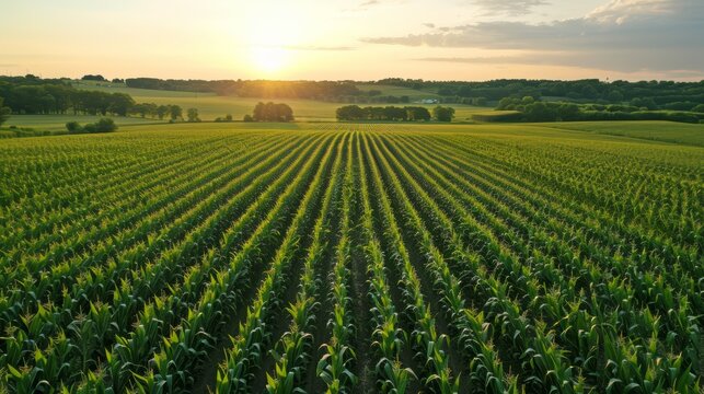 Aerial view of a vast green field of crops at sunset. Rows of plants stretch towards the horizon.