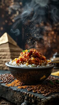 Egyptian kushari with rice, lentils, pasta, and spicy tomato sauce, served in a rustic bowl with a backdrop of the Egyptian pyramids