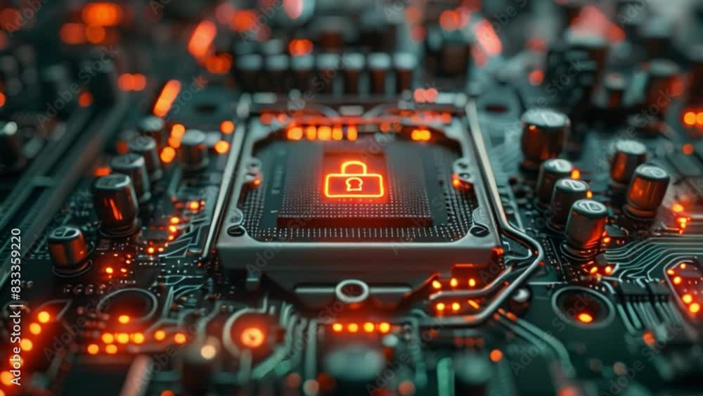 Poster This Detailed view of a circuit board with a lock attached. Close Up of Circuit Board With Lock