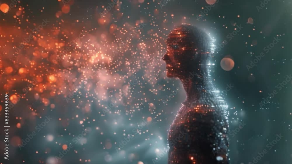 Poster this ai visualization: human silhouette made of intricate microcircuit design