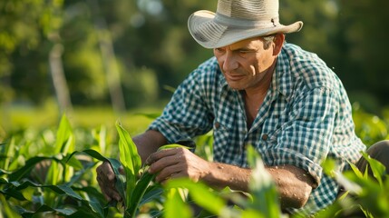 A farmer inspects his crops in a field. He is wearing a cowboy hat and a plaid shirt.  The sun is shining on him.