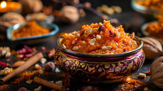 Gajar ka halwa, carrot pudding with nuts, served in a decorative bowl with a festive Indian dessert spread backdrop