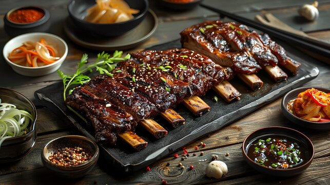 Galbi, marinated beef short ribs, grilled and served with side dishes on a traditional Korean barbecue table