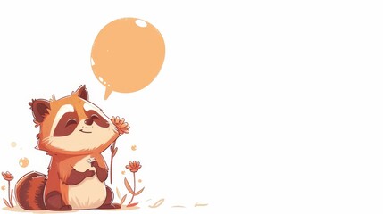 Whimsical raccoon with a gentle demeanor, joyful faces, holding a flower, reminiscent of a storybook character