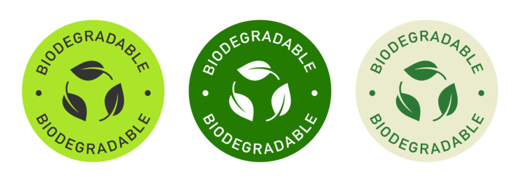 Biodegradable label vector design for packaging. Leaves icon. Recycling color sticker.