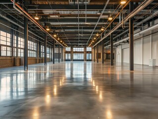 Naklejka premium A large, empty industrial warehouse with polished concrete floors, high ceilings, and exposed beams