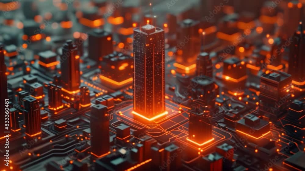 Poster this microcircuits light up as a vibrant night city. innovative tech visualization.