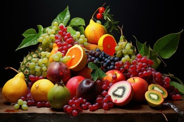 Vibrant still life photo of mixed fruits with lush leaves, perfect for healthy eating concepts