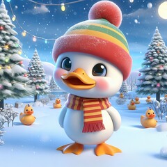 cute duck winter cartoon , 3d  Generative AI