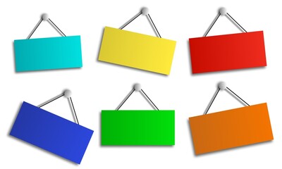 Colourful empty blank paper hanging boards isolated on white background.