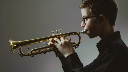Young boy playing a brass trumpet passionately, dressed in black attire, against a neutral gray...