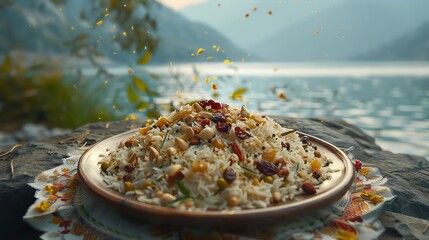 Kashmiri pulao, fragrant rice with nuts and dried fruits, served on a decorative plate with a backdrop of the Dal Lake in Kashmir
