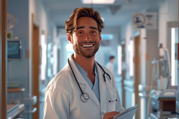 illustration of smiling doctor in hospital corridor