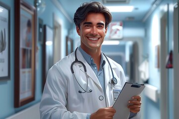 illustration of smiling middle-aged doctor in hospital corridor in white coat