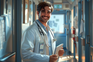 illustration of smiling middle aged doctor in hospital with medical reports in hand