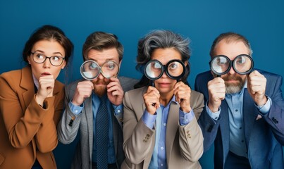 Group of business people with magnifying glasses making curious faces