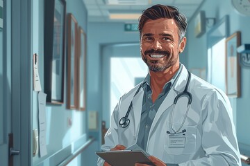 illustration of a middle-aged doctor with report in his hands and smiling