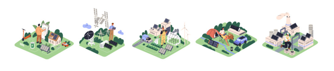 Solar energy concept set. Sun power panels, cells, renewable resources for house, industry, satellite, electric car. Eco green electricity. Flat vector illustrations isolated on white background © Good Studio