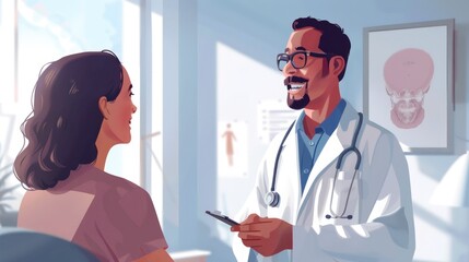Fototapeta premium A doctor discussing treatment options with a smiling patient in a clinical environment free from clutter and distractions