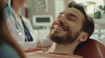 Fototapeta premium A happy patient feeling relaxed and at ease during a medical check-up with the doctor in a well-maintained clinic