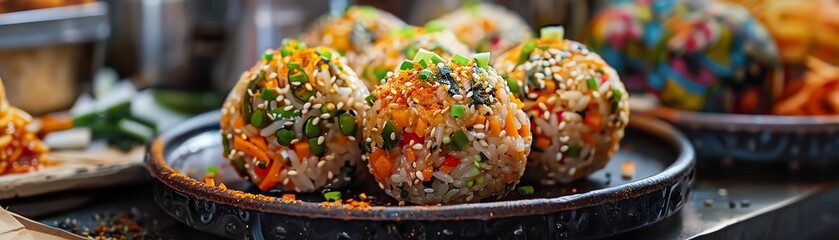 Korean rice balls Jumeokbap, filled with seasoned vegetables, served on a decorative plate with a bustling street food market background