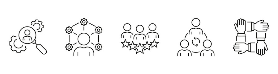 Business Community, People Work Together Line Icon Set. Headhunting Linear Pictogram. Partnership And Job Management Outline Symbol Collection. Editable Stroke. Isolated Vector Illustration