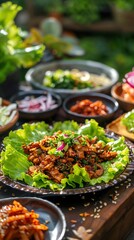 Korean spicy stirfried pork Jeyuk Bokkeum, served with lettuce wraps and side dishes on a decorative plate with a lively street market backdrop