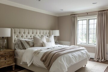 Warm taupe and white bedroom with classic decor.