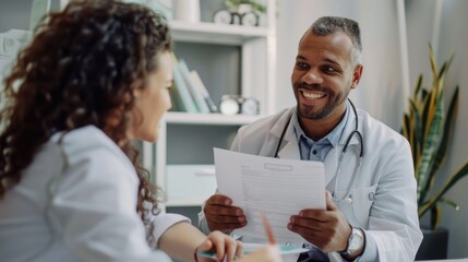 Obraz premium A doctor reviewing medical records while conversing with a smiling patient in a hygienic examination room