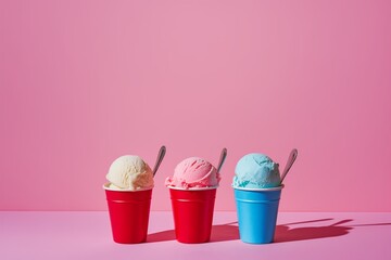 A minimalist photograph featuring three scoops of ice cream in colorful cups against a pink background. Ample copy space is available.