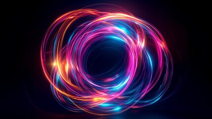 Glowing neon light rings with vivid colors creating abstract design on dark background