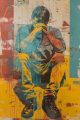 Man sitting in contemplation, vibrant yellow and blue abstract art, modern style. Artistic representation of man in contemplation, sitting and resting head on hand, yellow and blue abstract elements