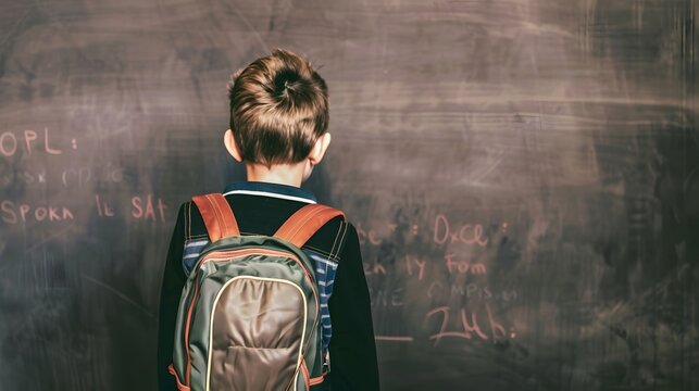 Young boy with a backpack turned towards a chalkboard, illustrating a thoughtful and pensive classroom moment.